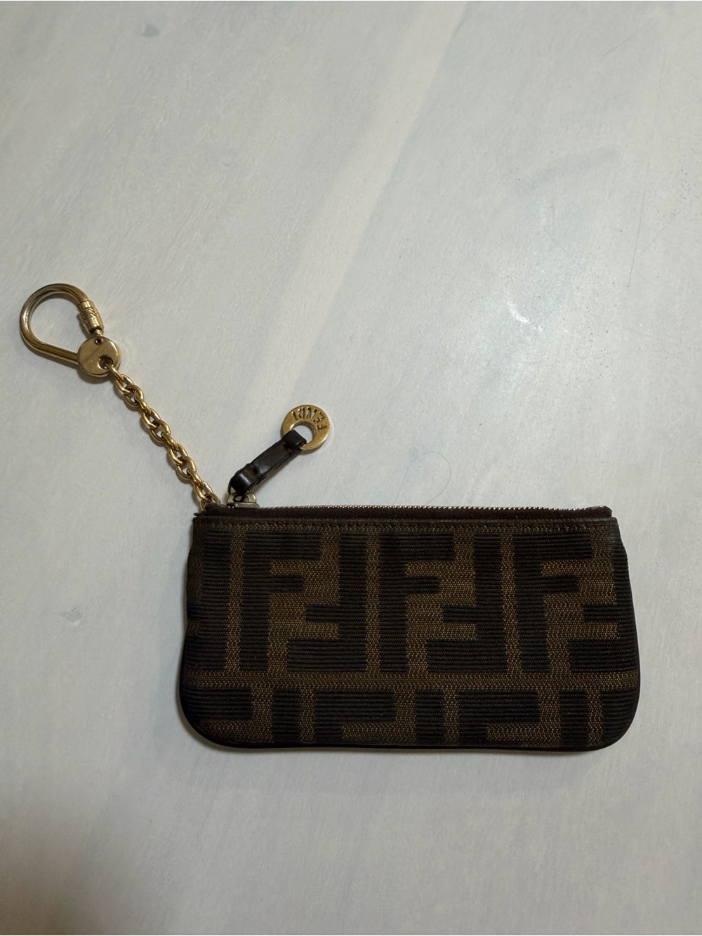 Fendi Brown & Black Zucca Key Pouch with Gold Chain